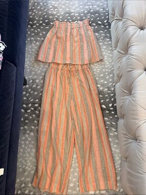 Free People Coral & Cream Vertical-Stripe Two-Piece Wide-Leg Set